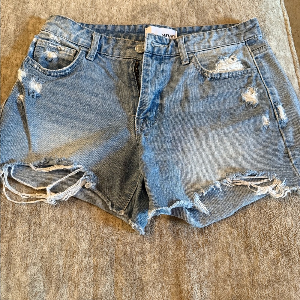 Light Blue Distressed Denim Jean Shorts - Women's Casual Cutoff
